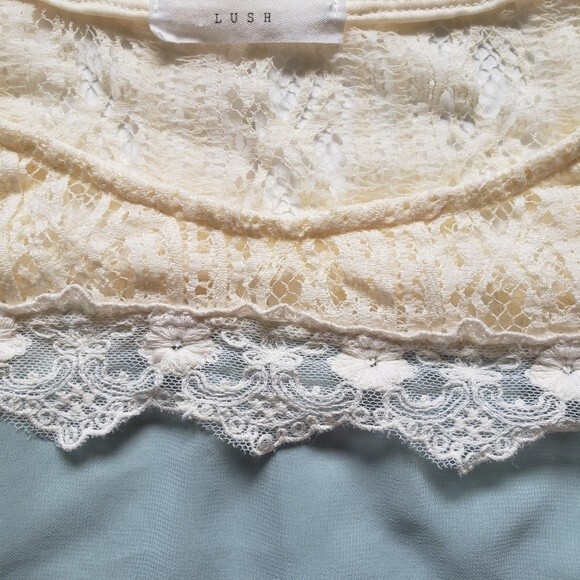 LUSH - Light Blue Silky Blouse W Lots of Lace - S - Picture 8 of 11
